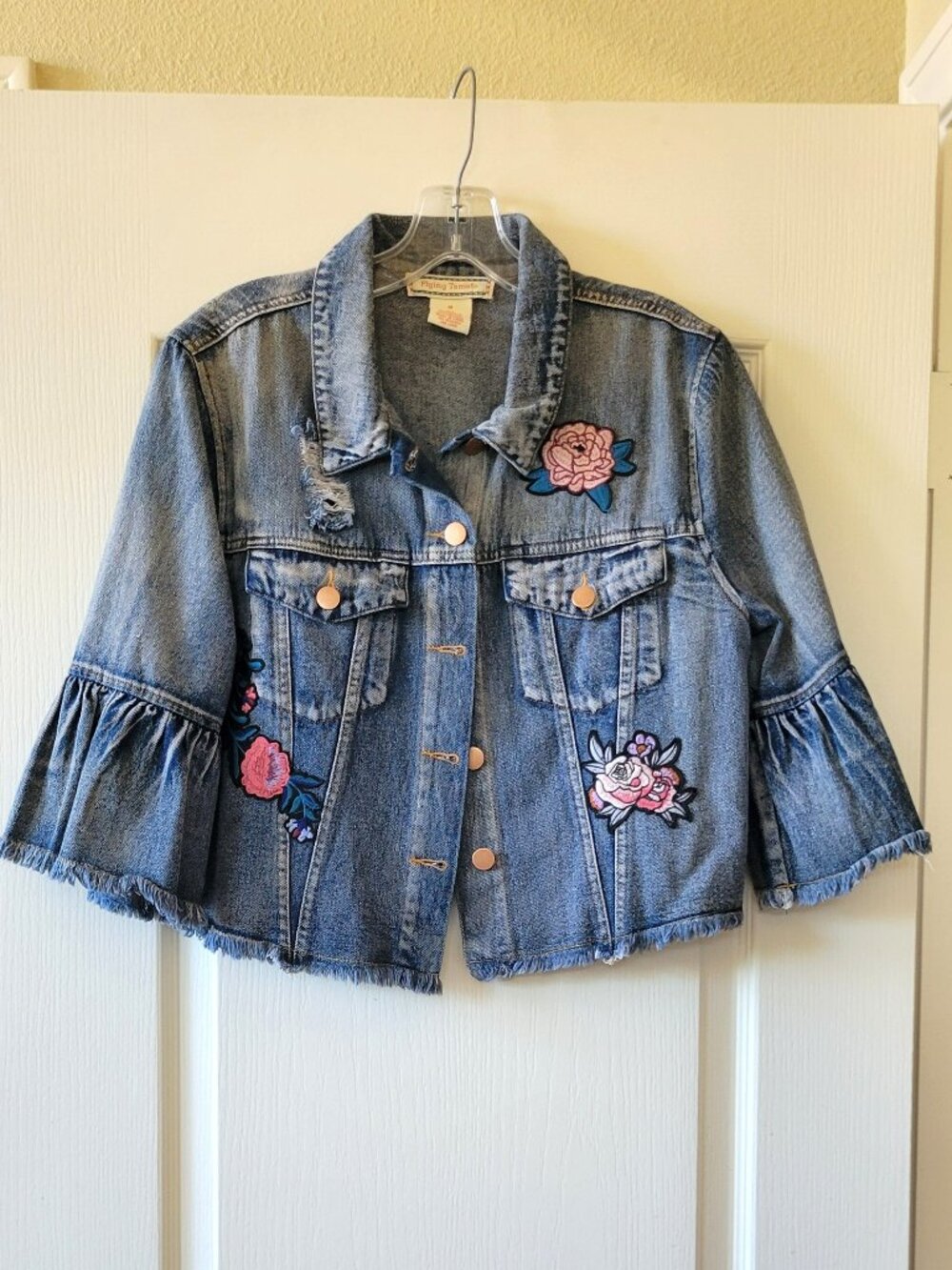 Short Boho Hippie Denim Jacket with Floral Patches & Flared Sleeves